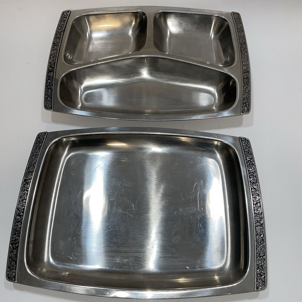 Lot of 2 VTG 18-8 Stainless Steel 12 inch Serving Trays Made In Hong Kong 🇭🇰